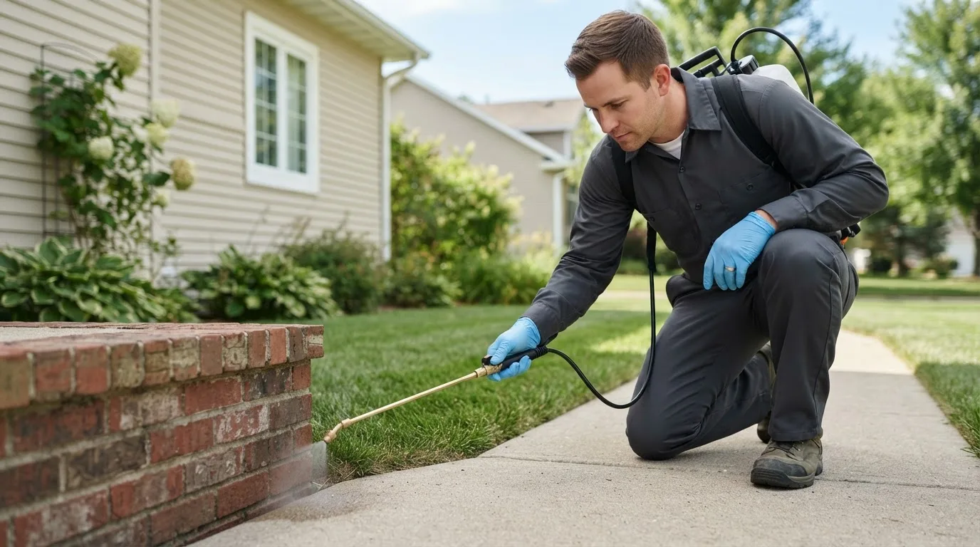 Pest control technician treating a home near Inverness, MT